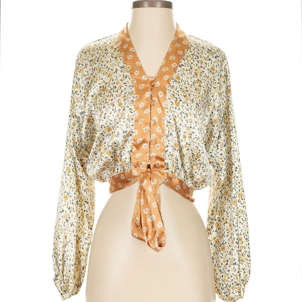 Topshop Gold Printed Button Down Tie Front 3/4 Sleeve V-Neck Cropped Blouse Sz 4